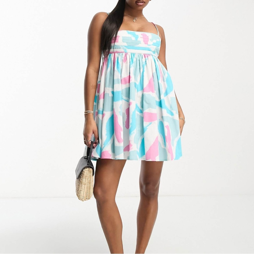 Asos Design Petite Cotton Babydoll Mini Dress Blue/Pink Size 4P